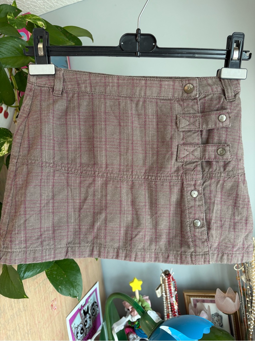 Plaid Y2K 2000’s Mini Skirt with Side Button Details - Brown/Pink